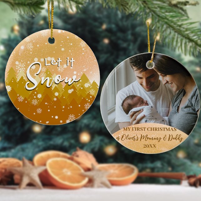 Gold Christmas Let it Snow New Parters Foto Keramik Ornament (Von Creator hochgeladen)