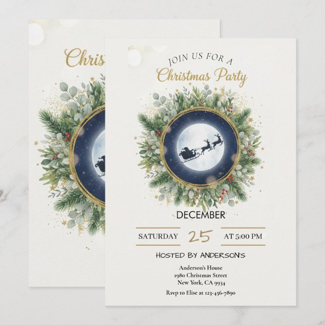 Gold Christmas Party Invitation | Editable Friends Einladung (Vorne/Hinten)