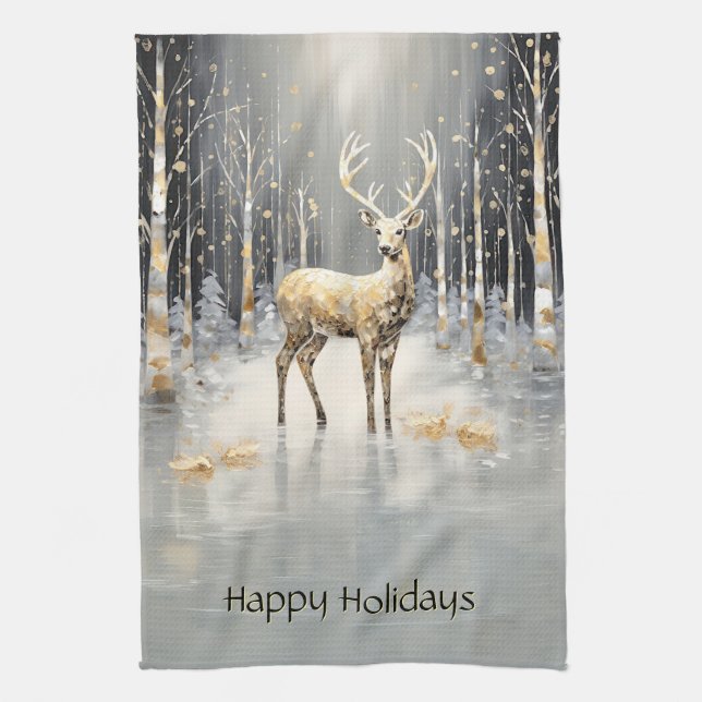 Gold Christmas Reindeer Vacances Serviette de cuis (Vertical)