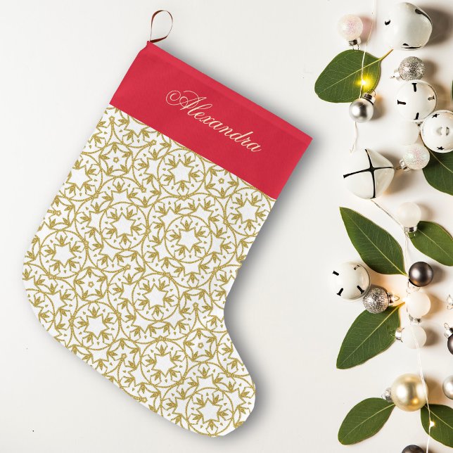 Gold Christmas Stars Muster gelb Personalisiert Großer Weihnachtsstrumpf (Von Creator hochgeladen)