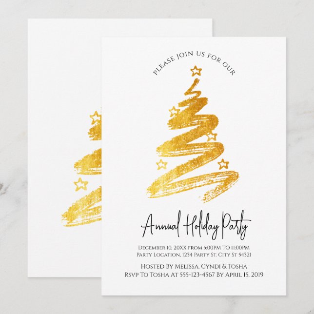 Gold Christmas Tree Fête Invitations (Devant / Derrière)