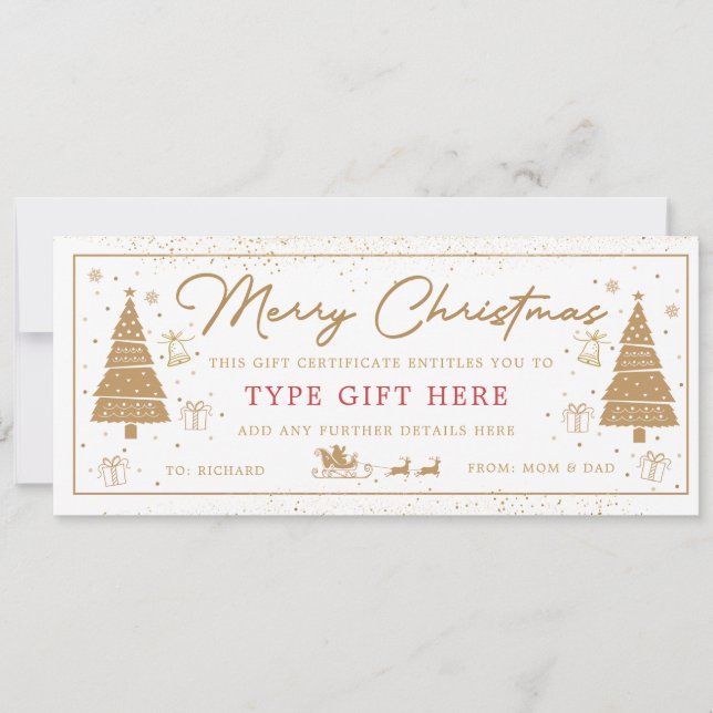 Gold Christmas Tree Present Gift Voucher Card Einladung (Vorderseite)