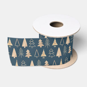 Gold Christmas Trees Midnight Blue Satin Ribbon Satinband