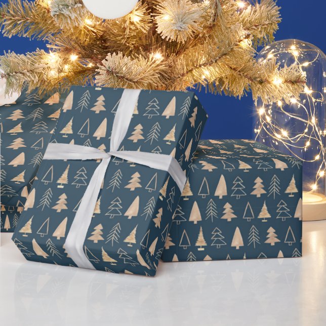 Gold Christmas Trees Midnight Blue Wrapping Paper Geschenkpapier (Feiertage)