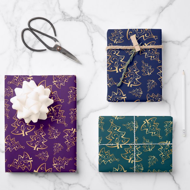 Gold Christmas Trees on Purple, Navy Blue, Teal Geschenkpapier Set (Vorderseite)