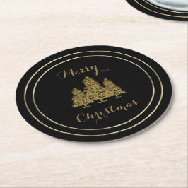 Gold Christmas Trees Runder Pappuntersetzer