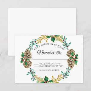 Gold Christmas UAWG Holly Leaf Pine Cone Wreath Einladung