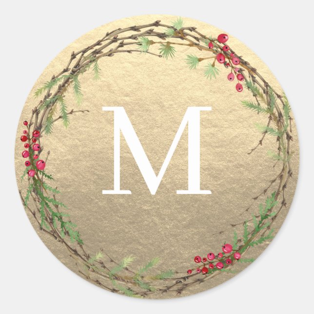 Gold Christmas Wreath Monogram Seal Runder Aufkleber (Vorderseite)