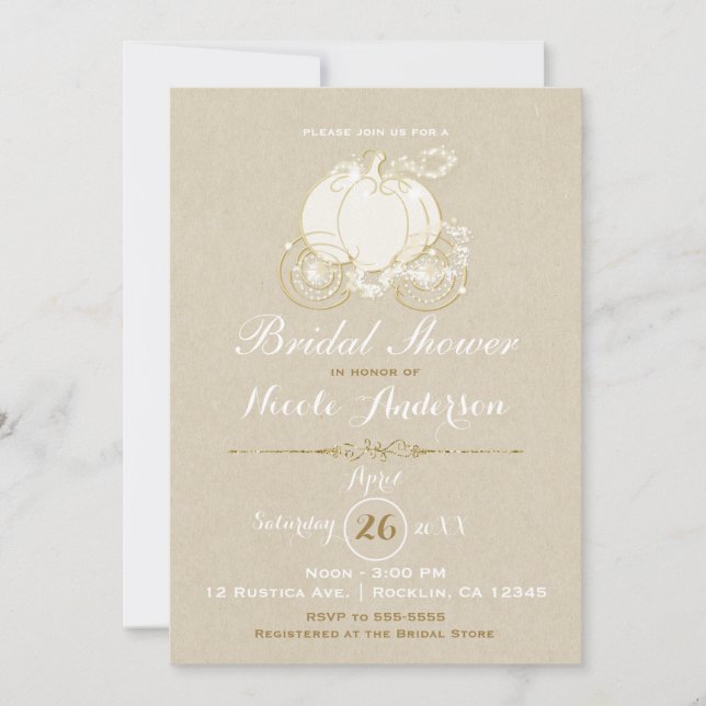 Gold Cinderella Carriage Kraft Moderne Bridal Einladung (Vorderseite)
