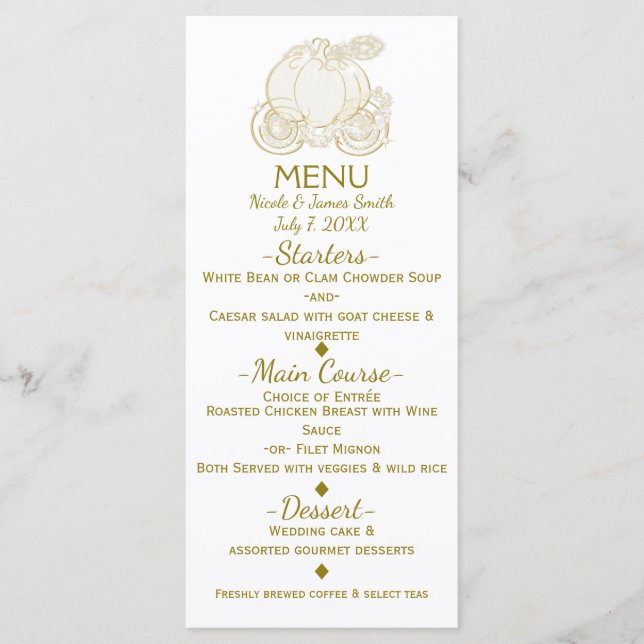 Gold Cinderella Carriage Princess Mairy Tale Menu Menükarte (Vorderseite)