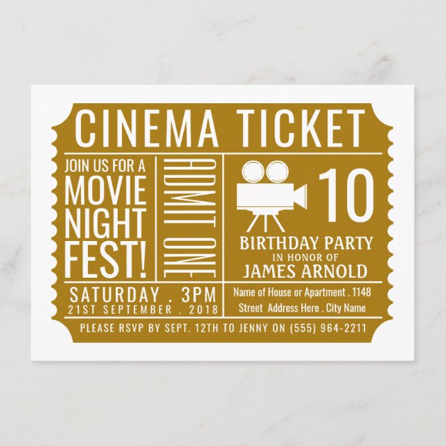 Gold Cinema Ticket, Kinderparty Ticket Begleitkarte (Vorderseite)