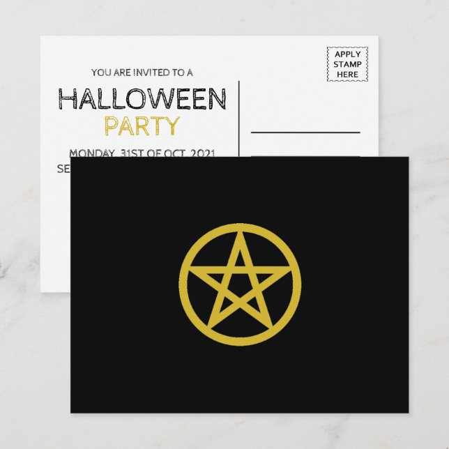 Gold Circlated Pentagram, Halloween-Party Einladungspostkarte (Vorne/Hinten)
