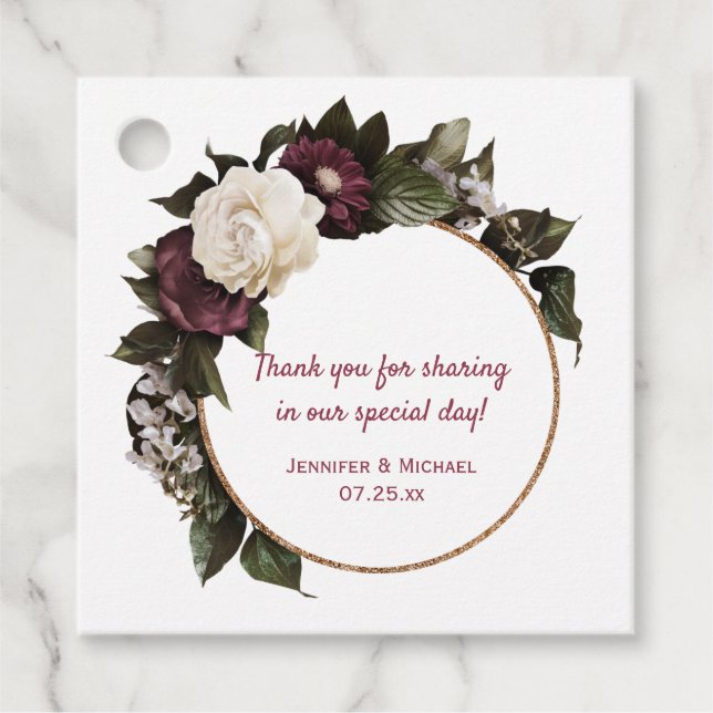 Gold Circle Burgundy und Blush Pink Bloral Wreath Geschenkanhänger (Vorderseite)