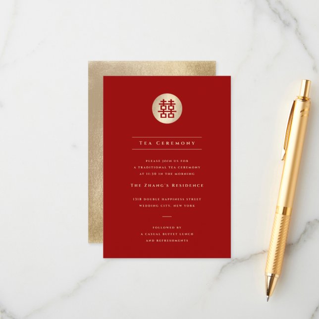 Gold Circle Double Happiness Chic Chinese Wedding Begleitkarte (Vorderseite/Rückseite Beispiel)