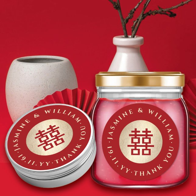 Gold Circle Double Happiness Chic Chinese Wedding Runder Aufkleber (Gold/Red Circle Double Happiness Simple Chinese Wedding Party Round Sticker @ fatfatin_red_knot)