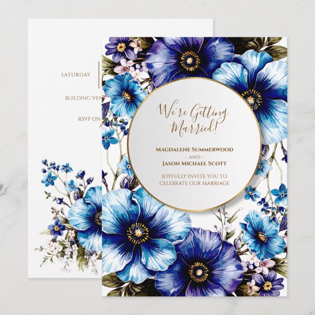 Gold Circle Frame Blue Lila Floral Hintergrund Einladung (Vorne/Hinten)