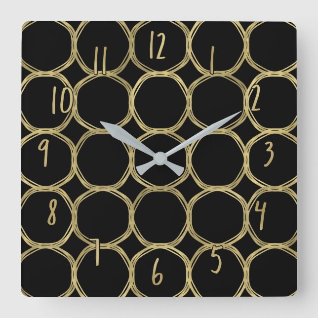 Gold Circles & Black Modern Trendy Chic Quadratische Wanduhr (Vorderseite)
