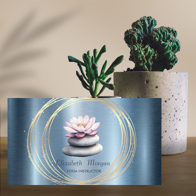 Gold Circles Lotus Blue Zen Stones Metallic Visitenkarte (Von Creator hochgeladen)