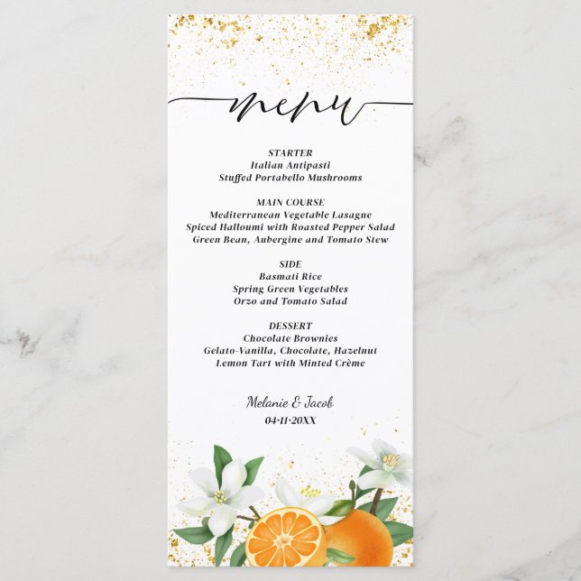 Gold Citrus Orange Script Floral Wedding Menükarte (Vorderseite)