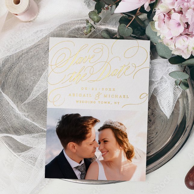 Gold classic calligraphy vintage save the date folieneinladung (Gold classic calligraphy vintage save the date foil invitation)