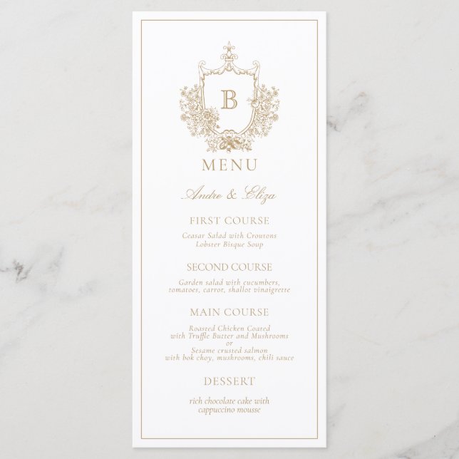 Gold Classic Luxe Wappen Monogram Wedding Menu Menükarte (Vorderseite)
