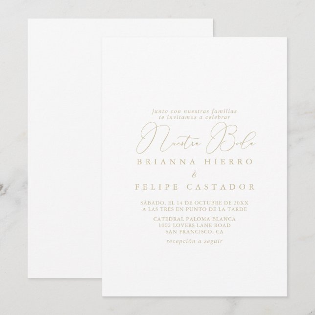 Gold Classy Chic Minimalistisch Nuestra Boda Weddi Einladung (Vorne/Hinten)