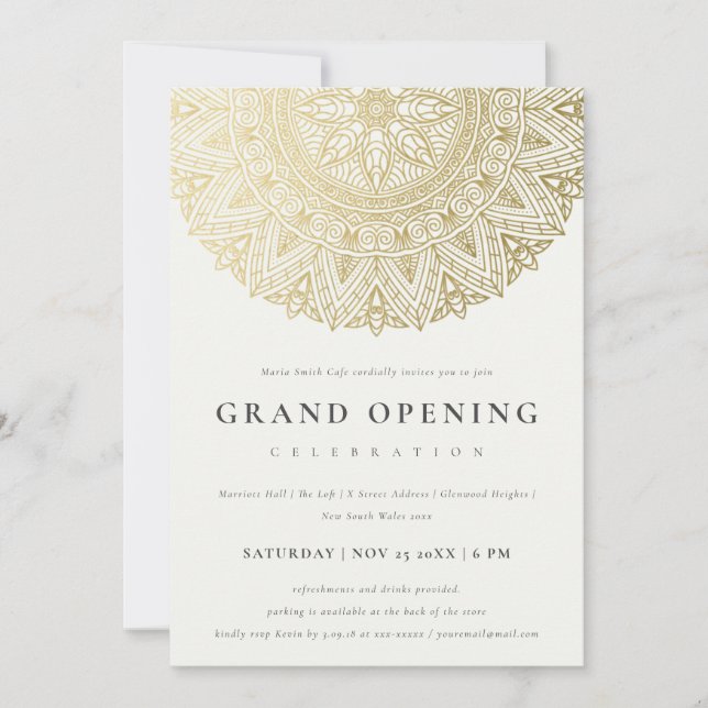 Gold Classy Verziert Mandala Grand Opening Einladu Dankeskarte (Vorderseite)