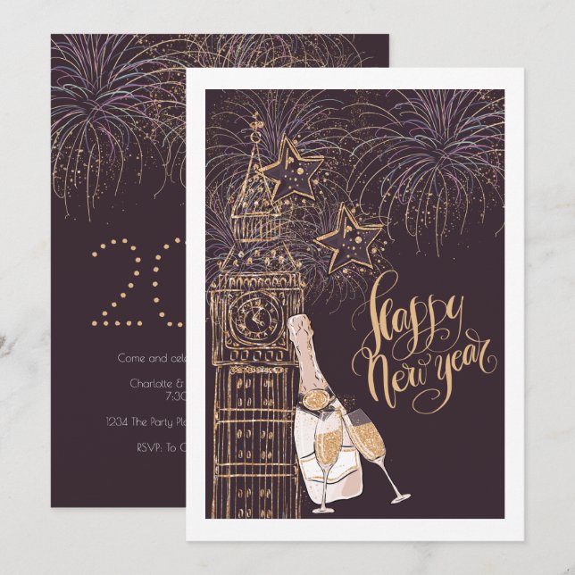 Gold Clock Happy New Year Einladung (Vorne/Hinten)