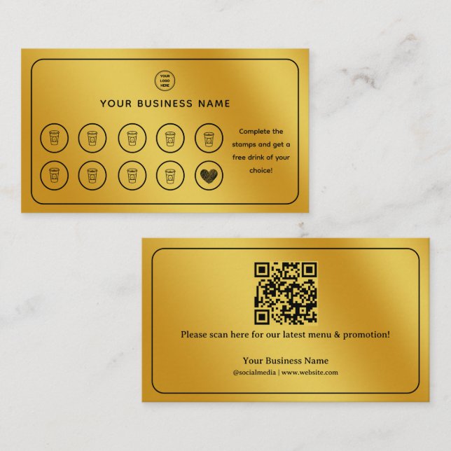 Gold Coffee Cup QR Code Hinzufügen Ihres Logos Treuekarte (Vorne/Hinten)