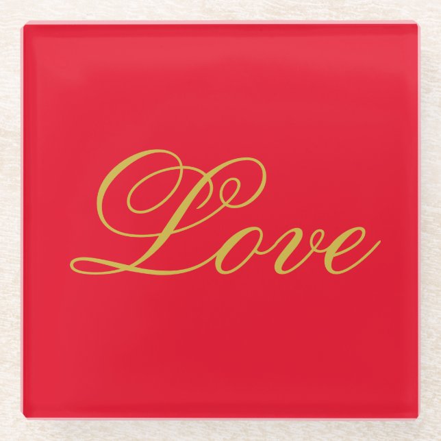 Gold Color Script Red Liebe Wedding Calligraphy Glasuntersetzer (Vorderseite)