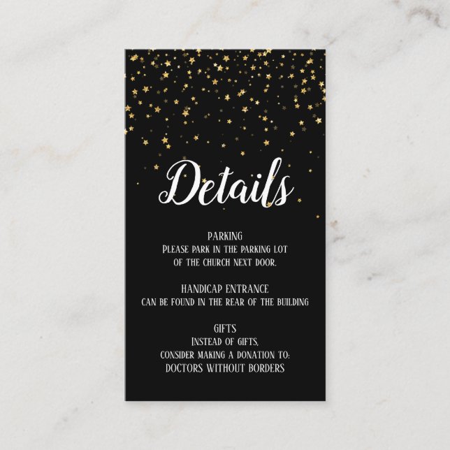 Gold Confetti auf Black Birthday Details Card Begleitkarte (Vorderseite)