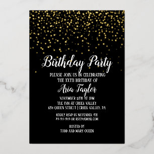 Gold Confetti auf Black Birthday Party Gold Folieneinladung