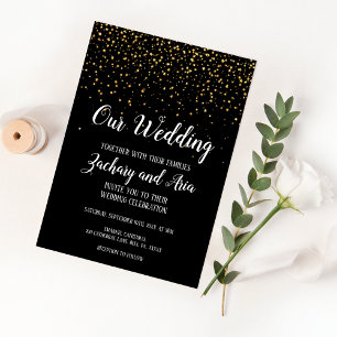 Gold Confetti auf Black Our Wedding Einladung