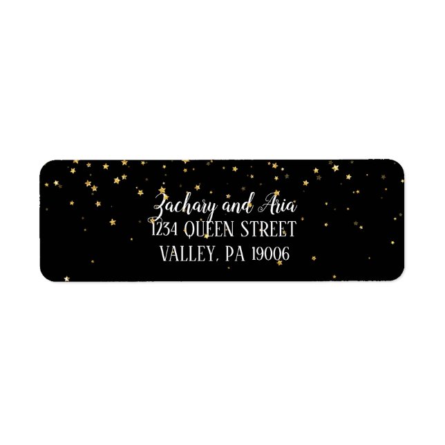 Gold Confetti auf Black Wedding Address Labels (Vorne)