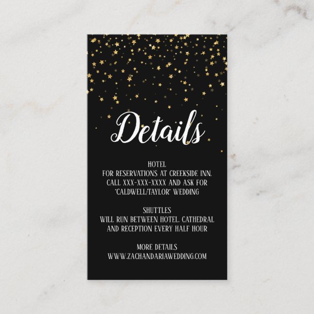 Gold Confetti auf Black Wedding Details Card Begleitkarte (Vorderseite)