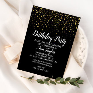 Gold Confetti auf der Black Birthday Party Einladung