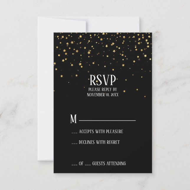 Gold Confetti auf der schwarzen RSVP-Karte RSVP Karte (Vorderseite)