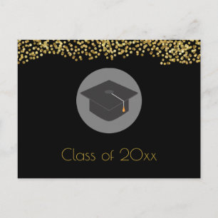 Gold Confetti auf Schwarz mit Graduation Cap Party Einladungspostkarte