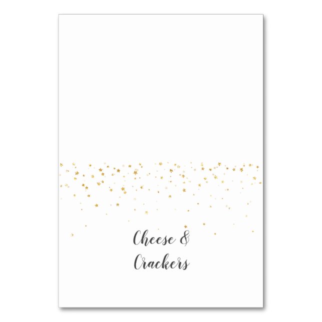 Gold Confetti Baby Duschbuffet Lebensmittelmarken Tischnummer (Vorderseite)