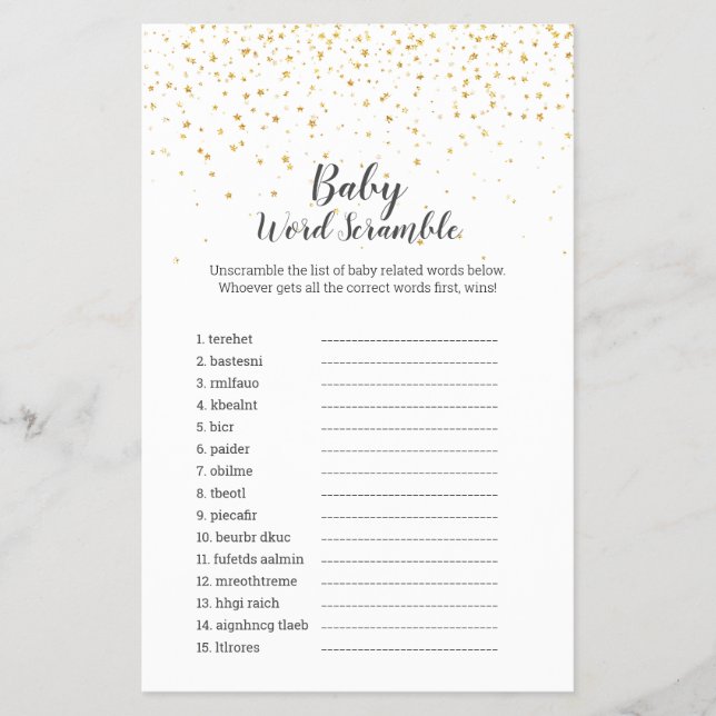 Gold Confetti Baby Shower Baby Word Scramble Game Flyer (Vorne)