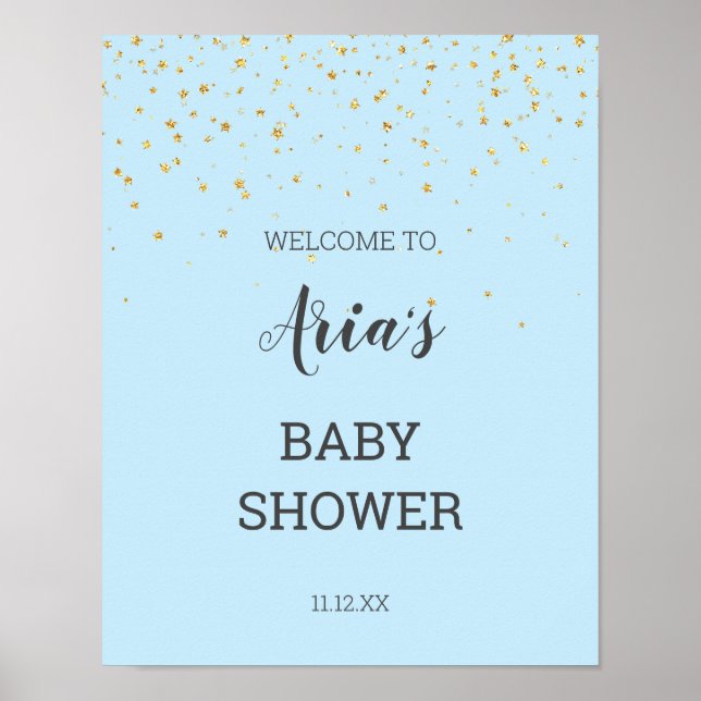 Gold Confetti Baby shower bleu Affiche de bienvenu (Devant)