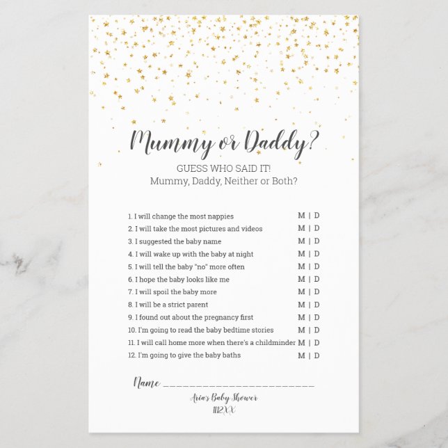 Gold Confetti Baby Shower Mummy oder Daddy Game Flyer (Vorne)