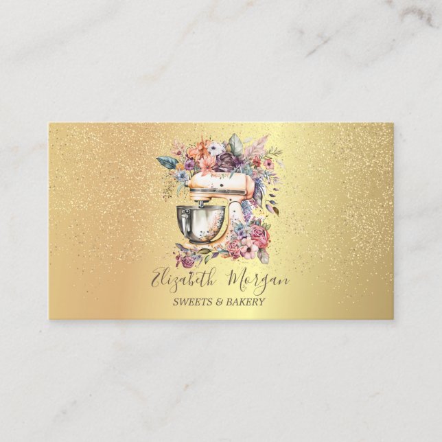 Gold Confetti Bäckerei Floral Mixer Visitenkarte (Vorderseite)