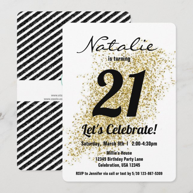 Gold Confetti Black and White Girl Birthday Einladung (Vorne/Hinten)