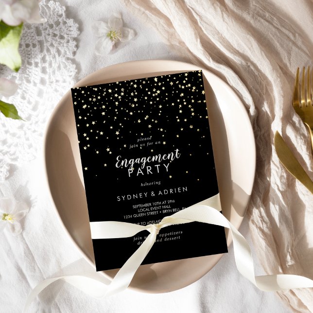 Gold Confetti|Black Engagement Party Gold Folieneinladung (Von Creator hochgeladen)