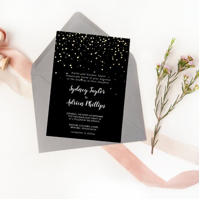 Gold Confetti|Black Formal Wedding Real Gold Folieneinladung (Von Creator hochgeladen)