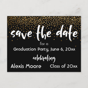 Gold Confetti Black Graduation Party Save the Date Ankündigungspostkarte
