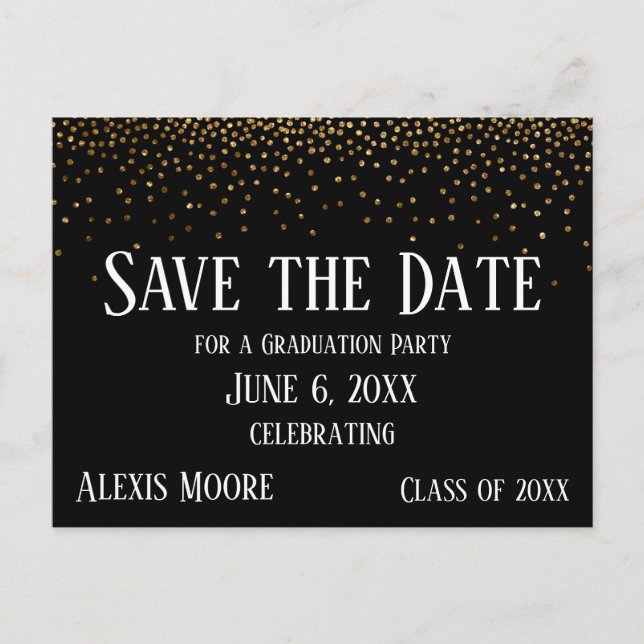 Gold Confetti Black Graduation Party Save the Date Postkarte (Vorderseite)
