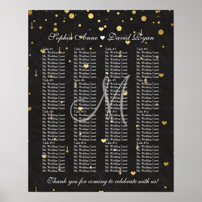 Gold Confetti Black Leather Wedding Chart Poster (Vorne)