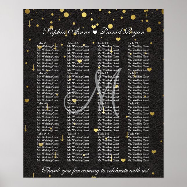 Gold Confetti Black Leather Wedding Chart Poster (Vorne)